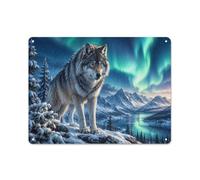 Wolf Northern Lights Mountain Plaque Déco Métal 30x40cm | En fin d'année, personnalisez la pièce avec des panneaux muraux en métal dans la cuisine.