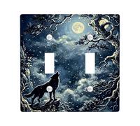Wolf Plaque murale décorative en plastique pour double interrupteur, lune, arbres mystiques nocturnes, bleu automne, taille standard pour nouvel appartement, maison, chambre à coucher, bureau
