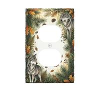 Wolf Plaque murale double prise de courant duplex, feuilles rustiques, pommes de pin, vert automne, taille standard, double prise de courant pour salon, chambre à coucher, décoration de bureau