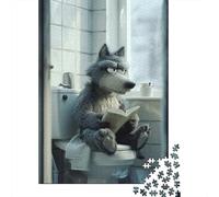 Wolf Reading on The Toilet Puzzle Adulte De 1000 Pièces, 70x50cm/1000pcs; Pièces Blanches Peu Poussiéreuses; pour Une Activité Posée À La Maison