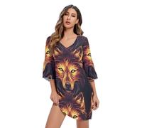 Wolf Swirling Flames Robe courte à manches 3/4 pour femme S-XXL, Flammes tourbillonnantes loup, Taille L