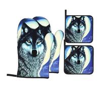 Wolf Under Moon Cet ensemble unique de gants de cuisine et maniques imprimés est une combinaison attrayante, avec un polyester résistant à l'eau et un tissu isolant thermique.