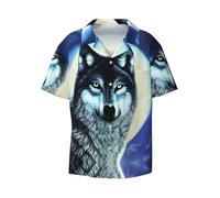 Wolf Under Moon Chemise boutonnée à manches courtes sans plis, coupe ajustée, tissu extensible confortable., Noir/blanc, XL
