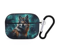 Wolf Under The Starry Sky Coque rigide de protection complète contre les chutes avec porte-clés compatible avec AirPod Pro 2e/1ère génération, LED avant visible, noir