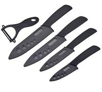 Wolf War Lot de 4 couteaux en céramique avec étui de protection, couteaux de cuisine avec 1 éplucheur, couteaux de chef pour viande, fruits, légumes - Noir
