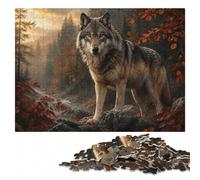 Wolf with Fiery Eyes in Autumn Leaves Puzzle en Bois 1000 PCS, Puzzle Adulte