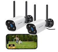 WOLFANG 2 Pcs Camera Surveillance WiFi, 2K Camera Exterieur Filaires, Vision Nocturne, PIR Détection AI, IP65 Étanche, Alarme, Audio Bidirectionnel, Enregistrement 24/7, avec Alexa/Google, 2,4G Wi-FI