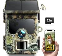 WOLFANG Caméra de Chasse Solaire 4K 30fps 46MP WiFi Bluetooth Camera Chasse avec Carte Micro SD U3 32GB Vision Nocturne IP66 Étanche pour la Surveillance de la Faune et la Sécurité à Intérieure