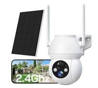 WOLFANG Caméra de sécurité Solaire d'extérieur 1080p PTZ WiFi 360° (2,4 G Uniquement), détection de Mouvement PIR, Vision Nocturne Couleur, Audio bidirectionnel, IP65, Fonctionne avec Alexa et Google