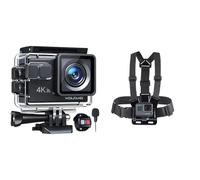 WOLFANG Caméra Sport GA100 4K 30FPS, Caméscope WiFi de 20 MP, Caméra Étanche & Amazon Basics Harnais de Poitrine avec Fixation pour caméra GoPro (Tous modèles), Noir