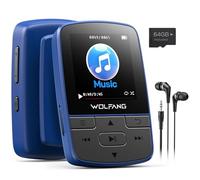 WOLFANG Lecteurs MP3 64 Go avec Bluetooth 5.3, Clip Sport, Taille Mini, Poids 28,3 g, Haut-Parleur HiFi, Radio FM, enregistreur Vocal, écouteurs Inclus