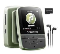 WOLFANG Lecteurs MP3 64 Go avec Bluetooth 5.3, Clip Sport, Taille Mini, Poids 28,3 g, Radio FM HiF, enregistreur Vocal, écouteurs Inclus, Vert Kaki