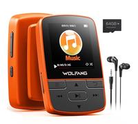 WOLFANG Lecteurs MP3 64 Go avec Bluetooth 5.3, Clip Sport, Taille Mini, Poids 28,3 g, Radio FM HiF, enregistreur Vocal, écouteurs Inclus, Orange
