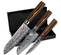 Wolfblood Set de 3 couteaux Damas Santoku (30/24/20 cm) - Acier damassé 67 couches - Couteaux de cuisine pro avec Santoku, office, boîte cadeau et protège-lame