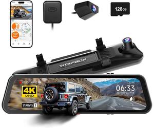 WOLFBOX G900 PRO Dashcam miroir avec 8 MP STARVIS IMX678, caméra rétroviseur de 12 pouces, 4K à l'avant et 2,5K à l'arrière, carte SD 128 Go incluse, commande vocale, Wi-Fi 5,8 GHz, enregistrement en