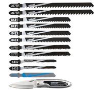wolfcraft 2377000 Coffret de 11 Lames de scie sauteuse queue en T avec couteau de poche