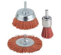 wolfcraft 2741000 3 Brosses Fil Nylon Gros Grains Queue Ø 6 mm : 1 Circulaire Ø 75 X 10 mm + 1 Soucoupe Ø 65 mm + 1 Pinceau Ø 25 mm Vert