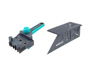 wolfcraft 4640000 Guide de Perçage Bois pour Assemblage par Tourillons Ø 6, 8, 10 mm & 5208000 Équerre 3D d'onglet 150 x 275 x 66 mm - Traçage angle de 45° à 90°