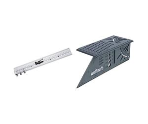 wolfcraft 4650000 Guide d'Assemblage Bois en Série - Gabarit de Perçage pour Assemblages par Tourillons - 5,6,8 et 10 mm & 5208000 Équerre 3D d'onglet 150 x 275 x 66 mm - Traçage angle de 45° à 90°