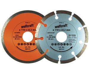 wolfcraft 8390000 2 Disques Diamant à Tronçonner Ø 110 Mm, Alésage 22,2 Mm, en 13236 : 1 Disque Segmenté + 1 Disque à Carrelage,argent