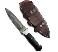 WolfKlinge DCX17-57 Dague en acier damassé fait à la main, manche en micarta, avec fourreau en cuir de vachette