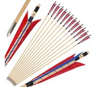 wolfman 6/12 pcs Flèches en Bois 32" Arc Recurvé Traditionnel Longbow avec Cible de Tir à Plumes de Dindonneau 5" pour Entraînement Archery (12, Rouge + Bleu)