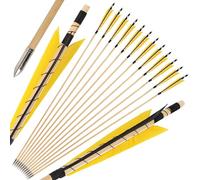 wolfman 6/12 pcs Flèches en Bois 32" Arc Recurvé Traditionnel Longbow avec Cible de Tir à Plumes de Dindonneau 5" pour Entraînement Archery (12, Jaune + Noir)