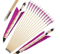 wolfman 6/12 pcs Flèches en Bois 32" Arc Recurvé Traditionnel Longbow avec Cible de Tir à Plumes de Dindonneau 5" pour Entraînement Archery (12, Rose Rouge + Blanc)