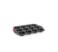 Woll Bakeware Lot de 12 moules à muffins avec poignées en silicone résistant à la chaleur jusqu'à 230 °C, sans PFAS, revêtement antiadhésif à double couche, acier aluminisé, noir