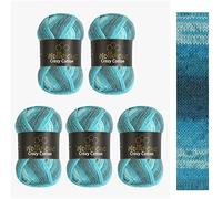 Wollbiene Crazy Cotton Batik Lot de 5 pelotes de 100 g chacune 500 g avec dégradé de couleurs 55% coton Multicolore Laine pour tricot et crochet (5200 bleu pétrole, turquoise, blanc)