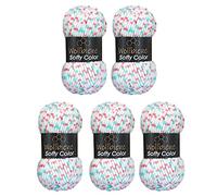 Wollbiene Softy Color - Lot de 5 pelotes de laine à tricoter chenille pour bébé - 100 g - 500 g au total - Super Bulky (blanc, rose-bleu pétrole 117)
