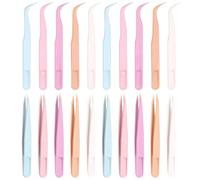 WOLMIK Lot de 20 pinces à épiler colorées en plastique - Pour travaux manuels, ramassage, pointes droites et incurvées pour la motricité fine, les extensions de cils