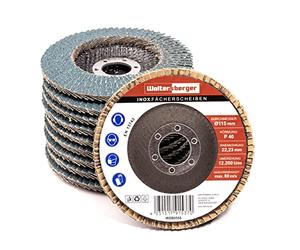 Woltersberger® SET de 8 disques à lamelles INOX Ø 125mm | Granulométrie P40, P60, P80, P120 | Bleu pour l'inox, le métal/l'acier, le bois | Coround zirconien Mop à lamelles