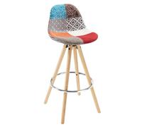 WOLTU 1 x Tabouret de Bar en Lin avec Dossier + Repose-Pieds Design Tabouret de Cuisine en Bois,Patchwork Multicolore