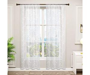 WOLTU 2 Pièces Rideaux Voilages Décoration Intérieure avec Ruban Semi-Transparent en Lin Broderie de Fleurs, Rideau translucide, Voile léger, 140x175 cm, Blanc