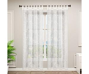 WOLTU 2 x Rideaux à Pattes Motif de Fleurs Transparentes Voilages avec Boucles en Aspect Lin Décor pour Salon Fenêtre, Luminux et aéré, Voile léger, 140x245 cm, Beige