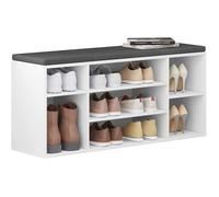 WOLTU Banc de Rangement à Chaussures, Meuble d’Entrée pour Chaussures, Étagère Autoportante à 7 Compartiments en Panneau Aggloméré Blanc avec Coussin en Tissu Gris, 103,5x30x48 cm