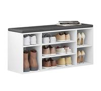 WOLTU Banc de Rangement à Chaussures, Meuble d’Entrée pour Chaussures, Étagère Autoportante à 7 Compartiments en Panneau Aggloméré Blanc avec Coussin en Tissu Gris, 103,5x30x48 cm