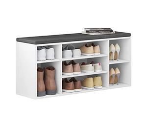 WOLTU Banc de Rangement à Chaussures, Meuble d’Entrée pour Chaussures, Étagère Autoportante à 7 Compartiments en Panneau Aggloméré Blanc avec Coussin en Tissu Gris, 103,5x30x48 cm