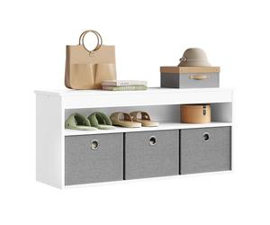 WOLTU Banc de Rangement, Banc Chaussures Entrée, avec 1 Compartiment Ouvert et 3 Tiroirs en Tissu Amovible, Étagères, Banquette Coffre Rangement, pour Entrée, Salon, Blanc