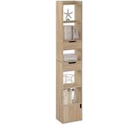 WOLTU Bibliothèque, Étagère Étroite et Haute, avec 6 Compartiments, 2 Tiroirs et 1 Porte, en Bois Composé, Chêne Clair W0ATT0329