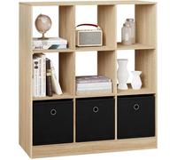 WOLTU Bibliothèque, Meuble Étagère avec 9 Casiers, Meuble Cube, 3 Tiroirs en Tissu, 80x30x86,5cm, Chêne Clair W0ATT0327