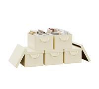 WOLTU Boîte de Rangement Pliable, Lot de 5 Paniers de Rangement en Tissu Non-Tissé, avec Poignées et Couvercle, pour Vêtements et Jouets, Crème, 38x27x20cm