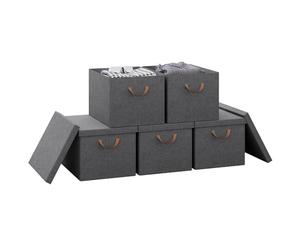 WOLTU Boîte de Rangement Pliable, Lot de 5 Paniers de Rangement en Tissu Non-Tissé, avec Poignées et Couvercle, pour Vêtements et Jouets, Gris, 48x36x30cm