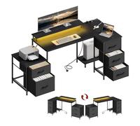 WOLTU Bureau Gaming avec Éclairage LED, Bureau d'angle en L avec Rangement, 5 Tiroirs et 2 Étagères, 2 Prises, 180x80x84 cm, Noir