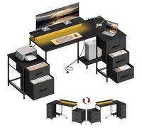WOLTU Bureau d'angle en L 180x80x84 cm avec Rangement, 5 Tiroirs et 2 Étagères, Bureau Gaming avec Éclairage LED, 2 Prises, 1 Port USB et 1 Port USB-C, pour Gaming et Travail, Noir