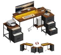WOLTU Bureau d'angle en L 180x80x84 cm avec Rangement, 5 Tiroirs et 2 Étagères, Bureau Gaming avec Éclairage LED, 2 Prises, 1 Port USB et 1 Port USB-C, pour Gaming et Travail, Marron Rustique