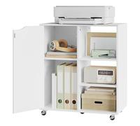 WOLTU Caisson sur Roulettes, Support Imprimante avec 3 Compartiments Ouverts, 1 Porte et Étagères Réglables, pour la Maison et le Bureau, 60x35x70 cm, en Bois d'Ingénierie, Blanc