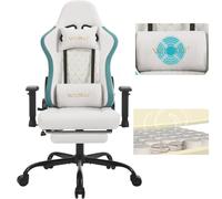 WOLTU Chaise Gaming, Chaise Bureau Massante, Fauteuil Ergonomique avec Coussin Lombaire Massant, Siège Large à Ressorts, Appui-tête, Repose-Pieds, Tissu Technique, Charge 150kg, Blanc