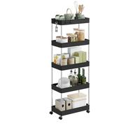WOLTU Chariot de Rangement 5 Niveaux, Desserte à roulettes Mobile avec 4 Crochets, pour Cuisine, Salle de Bain, Petit Espace, en Plastique et Métal, 41,5 x 112 x 23 cm, Noir